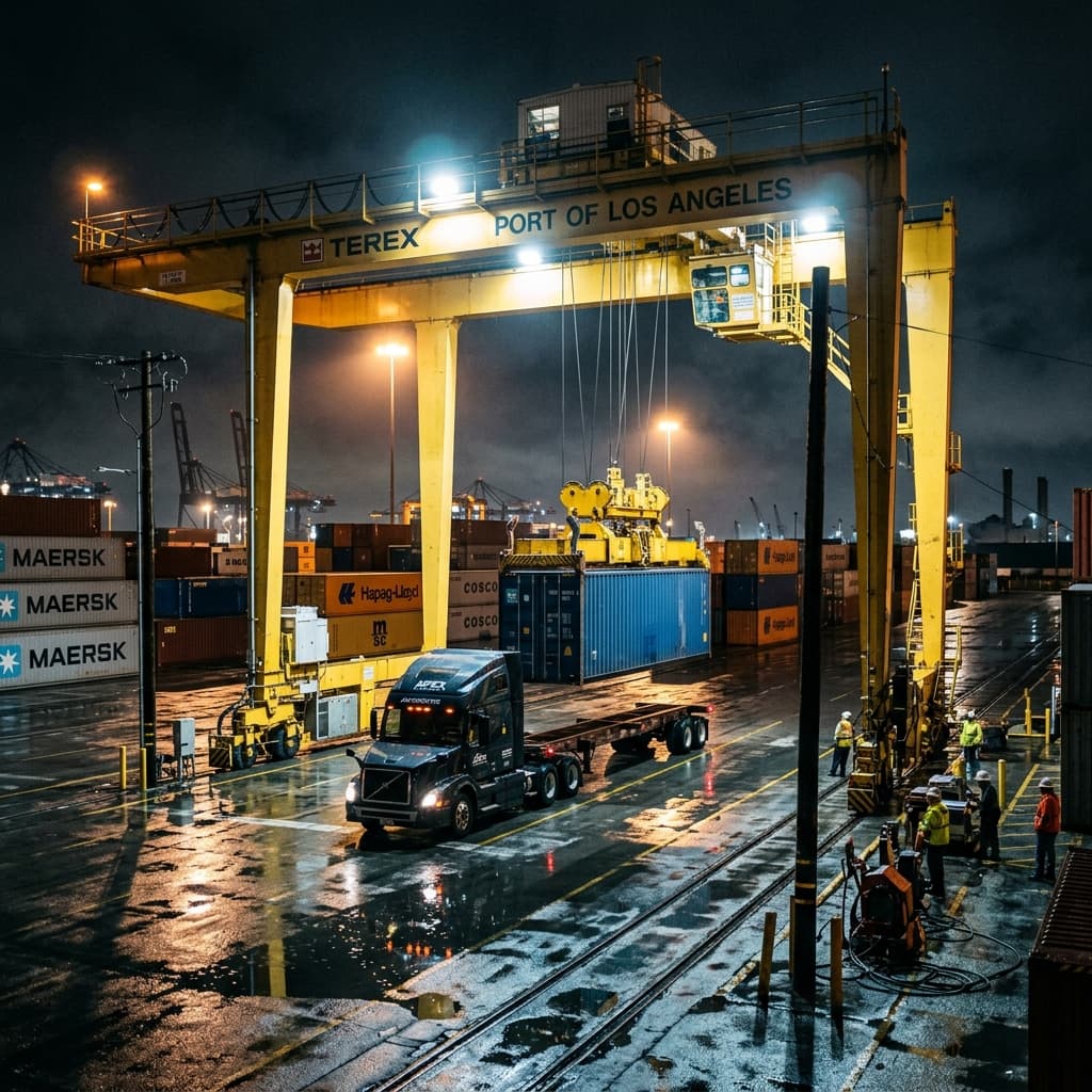 Night industrial yard yellow crane lifting container