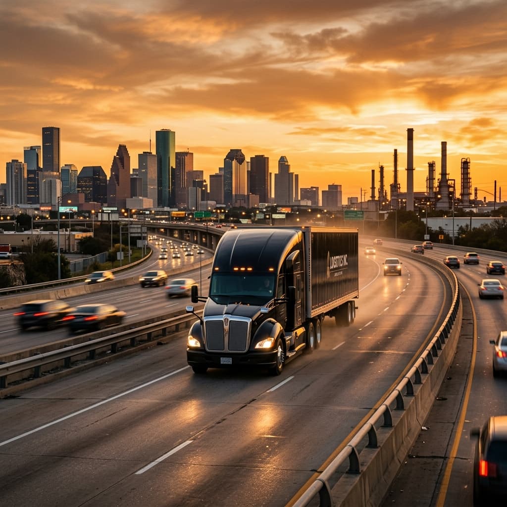 Golden hour highway freight truck driving toward camera