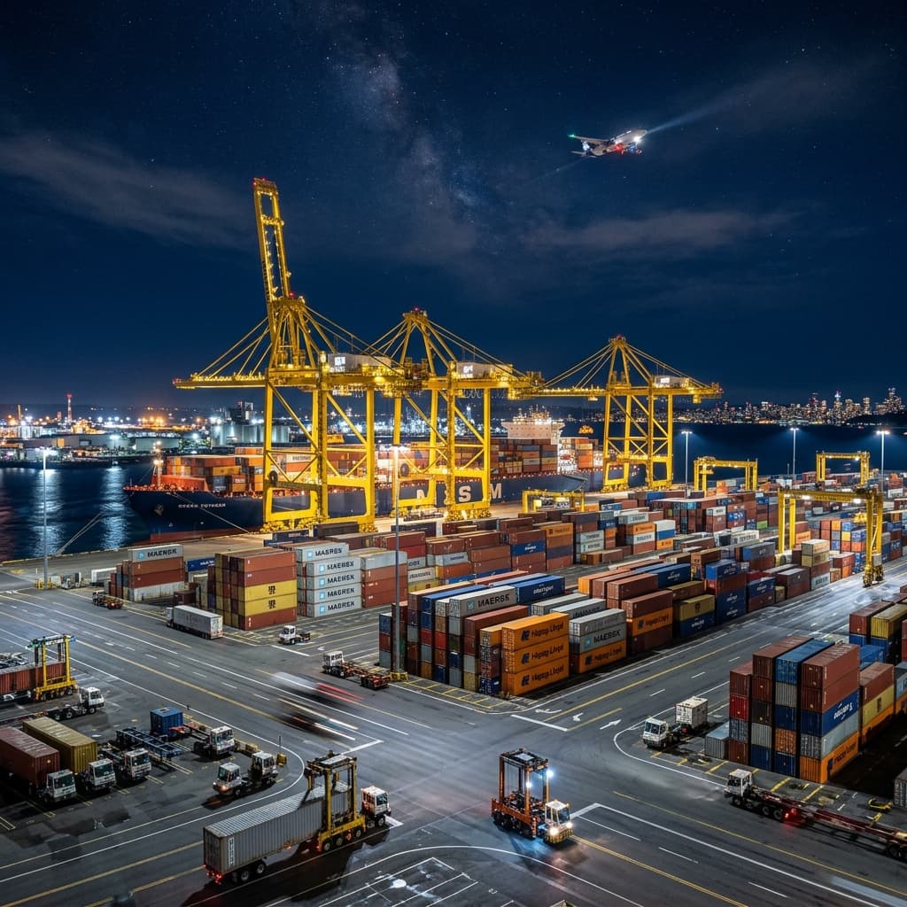 Night container port terminal under starry dark blue sky
