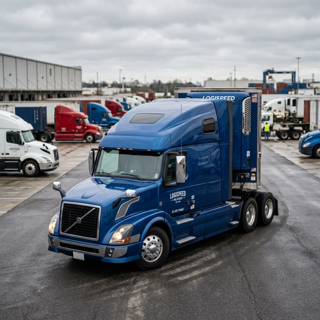 Blue semi-truck cab in logistics yard
